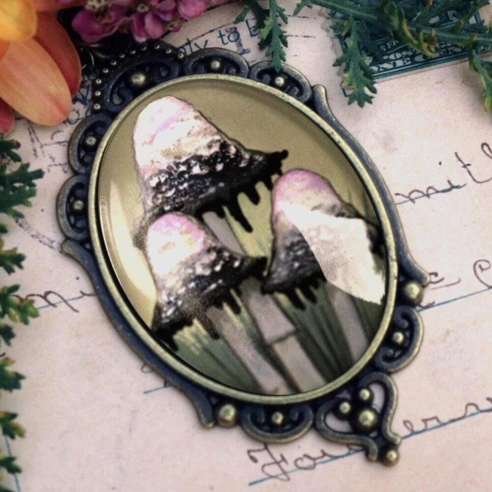 Ink Cap Mushrooms‎ Ornate Necklace - Cottagecore Pendant - Antique Jewelry
